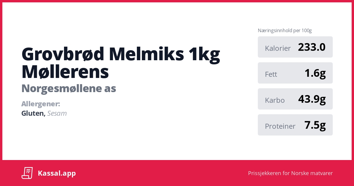 Grovbrød Melmiks 1kg Møllerens - Kassalapp®