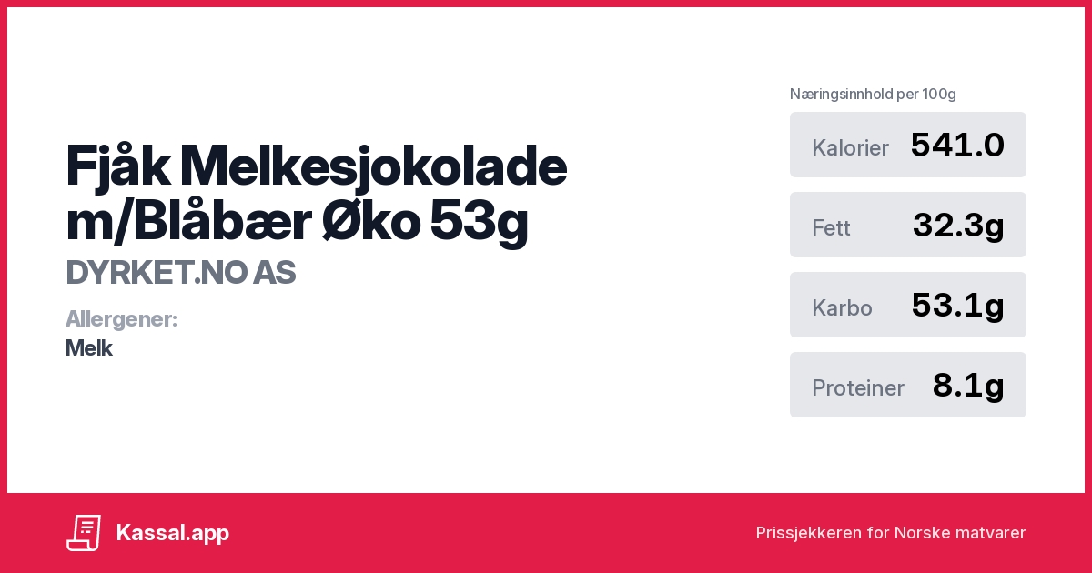 Fjåk Melkesjokolade m/Blåbær Øko 53g - Kassalapp®