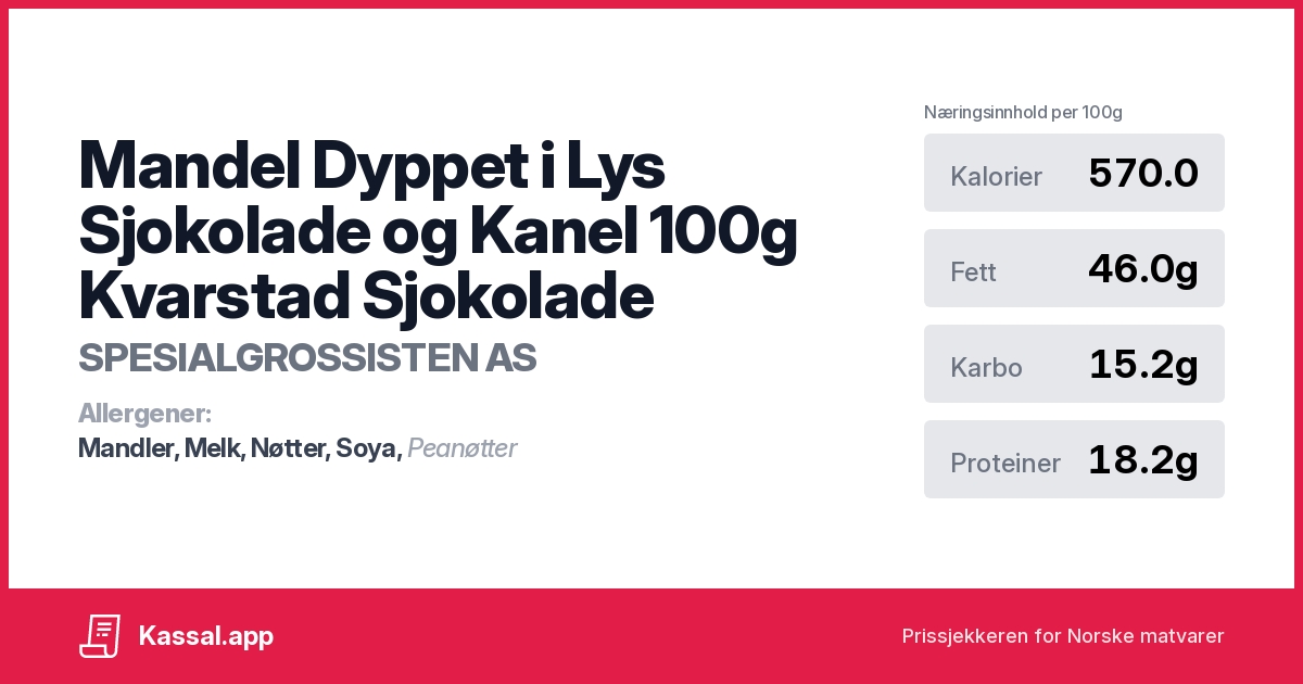 Mandel Dyppet i Lys Sjokolade og Kanel 100g Kvarstad Sjokolade - Kassalapp®