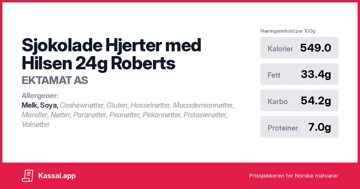 Sjokolade Hjerter med Hilsen 24g Roberts - Kassalapp®