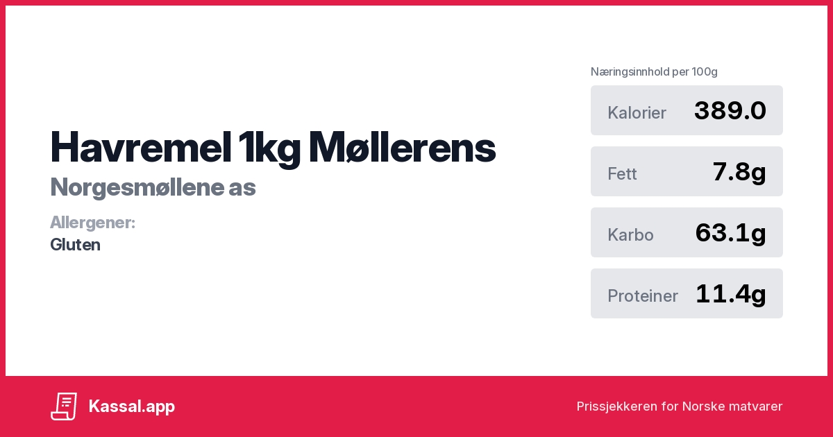 Havremel 1kg Møllerens - Kassalapp®