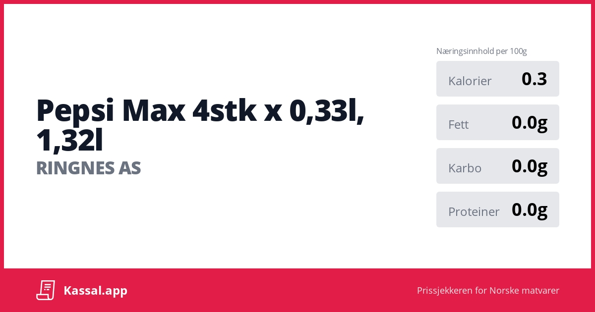 Pepsi Max 4stk x 0,33l, 1,32l - Kassalapp®