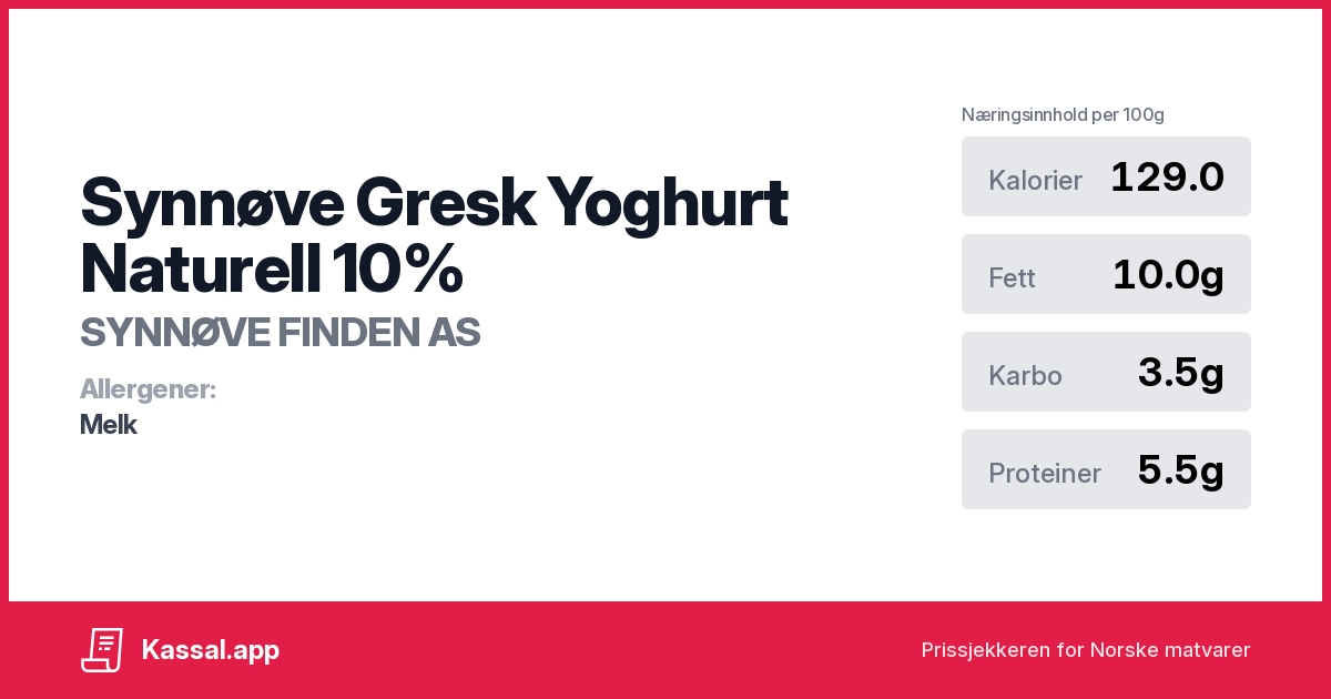 Synnøve Gresk Yoghurt Naturell 10% - Kassalapp®