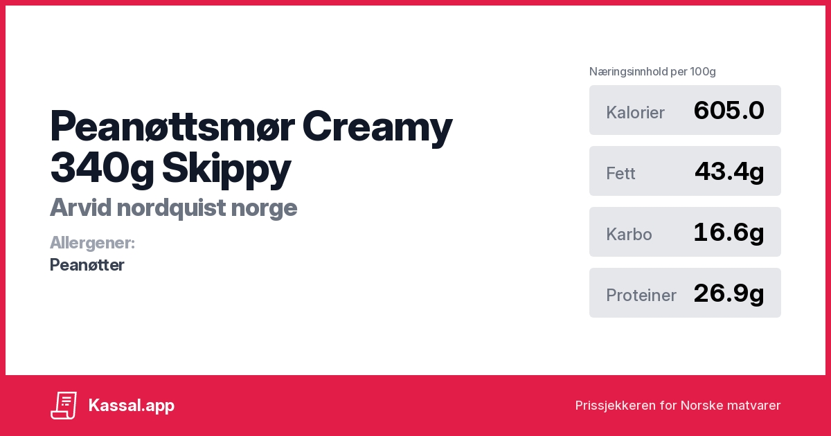 Peanøttsmør Creamy 340g Skippy - Kassalapp®