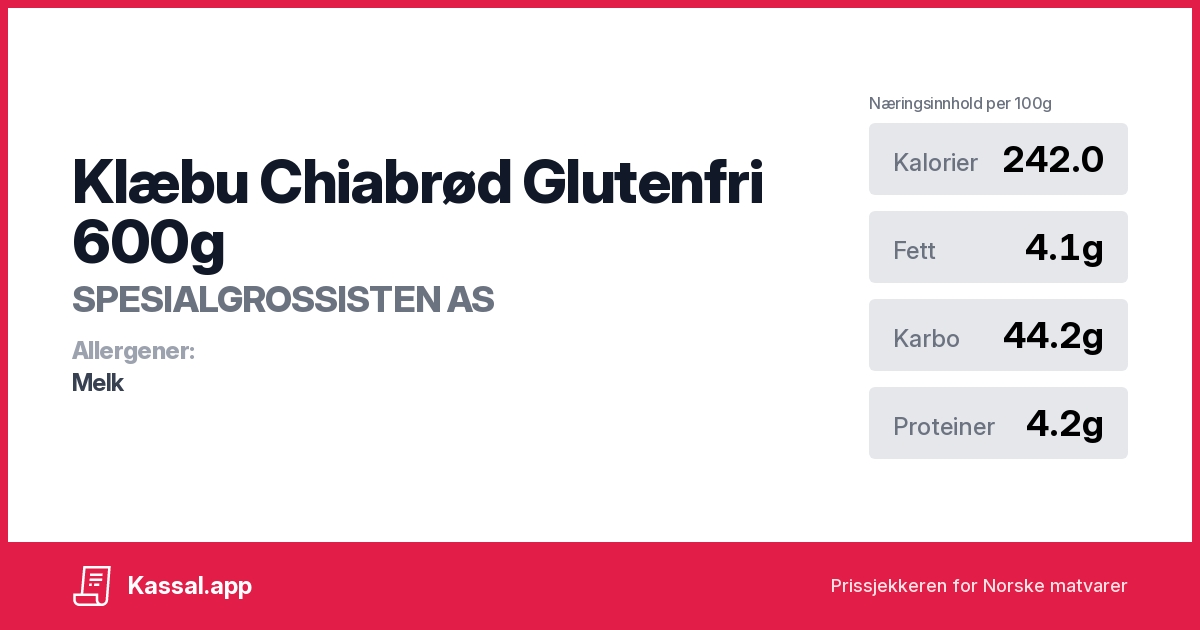 Klæbu Chiabrød Glutenfri 600g - Kassalapp®