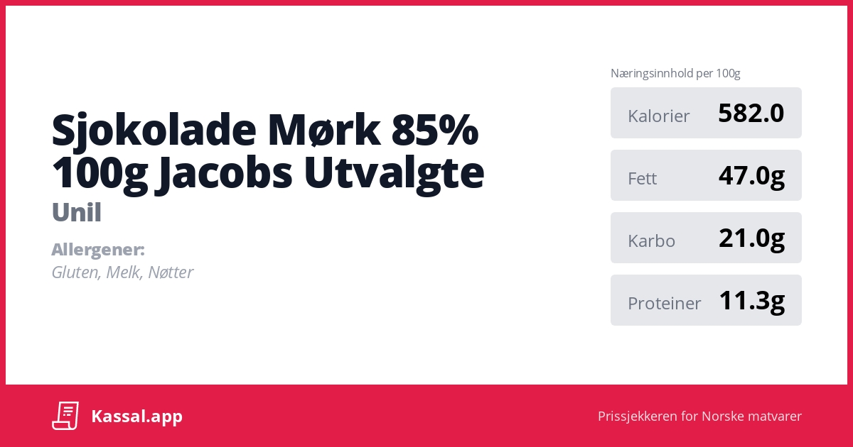 Sjokolade Mørk 85% 100g Jacobs Utvalgte - Kassalapp®