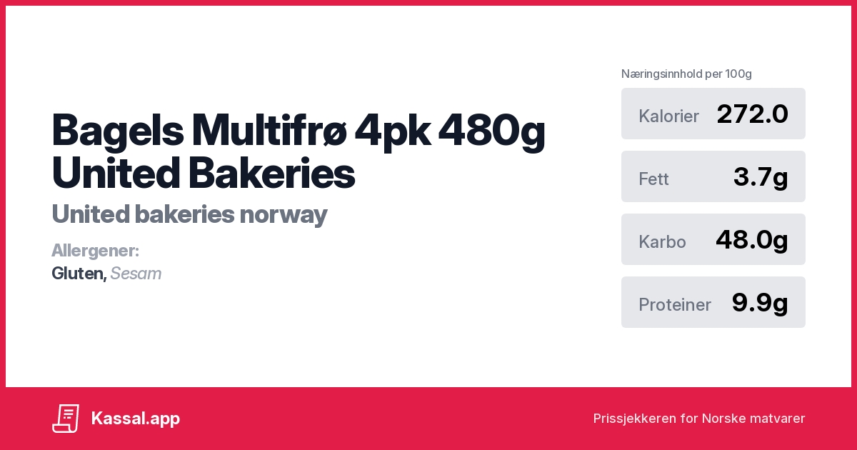 Bagels Multifrø 4pk 480g United Bakeries Kassalapp®