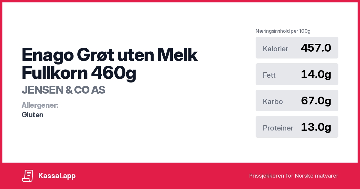 Enago Grøt uten Melk Fullkorn 460g - Kassalapp®
