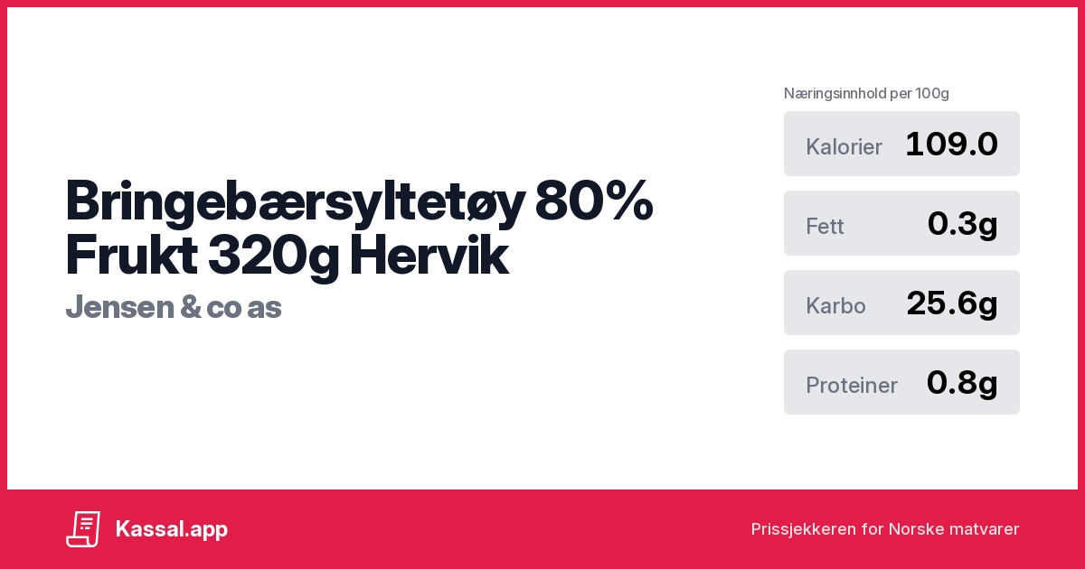 Bringebærsyltetøy 80% Frukt 320g Hervik - Kassalapp®