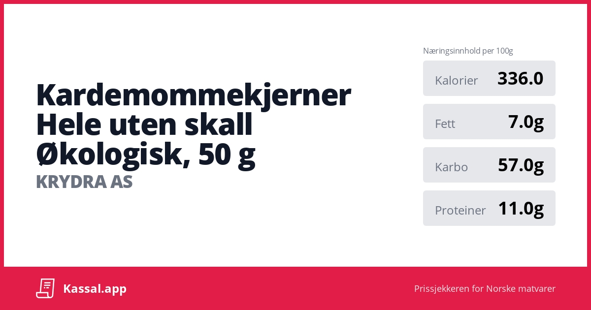 Kardemommekjerner Hele uten skall Økologisk, 50 g - 🧾Kassalapp