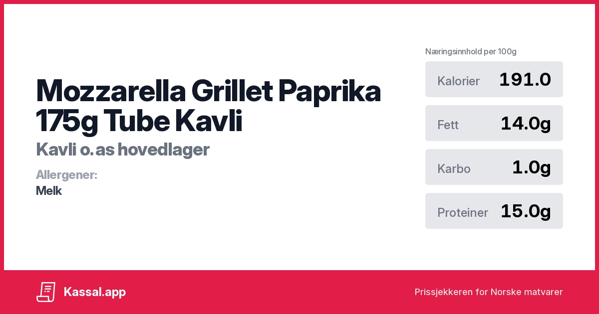 Mozzarella Grillet Paprika 175g Tube Kavli Kassalapp®