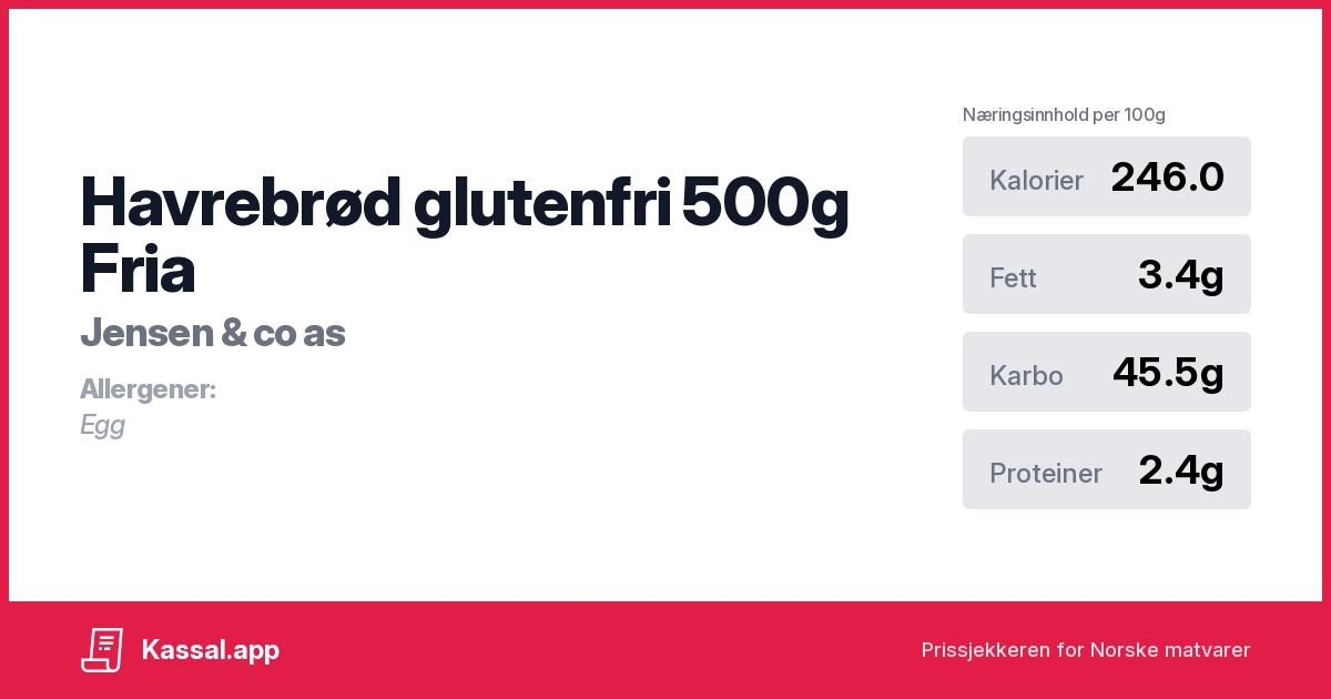 Havrebrød Glutenfri 500g Fria - Kassalapp®