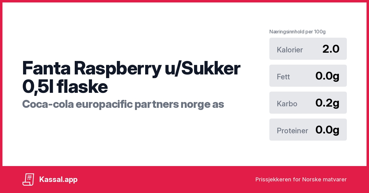 Fanta Raspberry u/Sukker 0,5l flaske - Kassalapp®