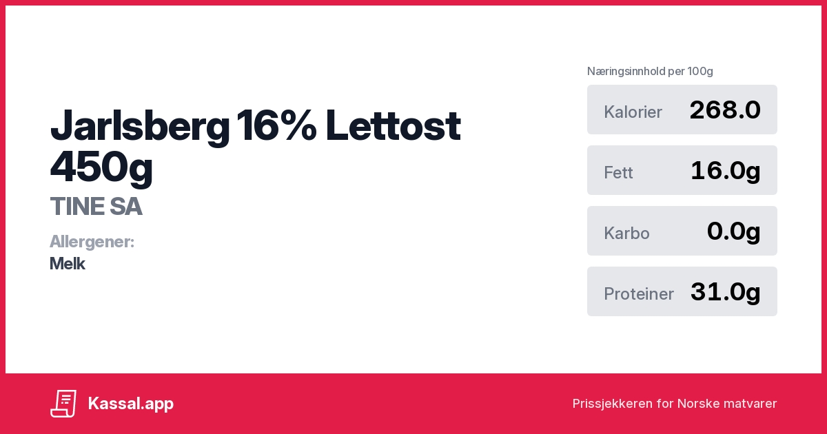 Jarlsberg 16% Lettost 450g - Kassalapp®