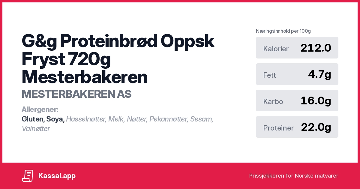 G&g Proteinbrød Oppsk Fryst 720g Mesterbakeren - Kassalapp®