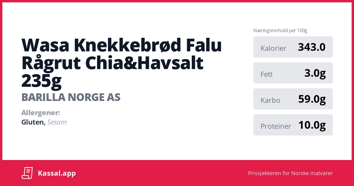 Wasa Knekkebrød Falu Rågrut Chia&Havsalt 235g - Kassalapp®