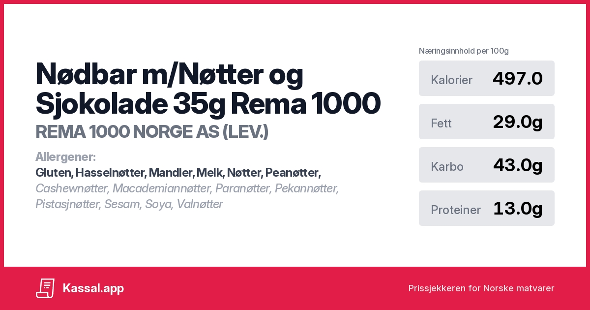 Nødbar m/Nøtter og Sjokolade 35g Rema 1000 - Kassalapp®