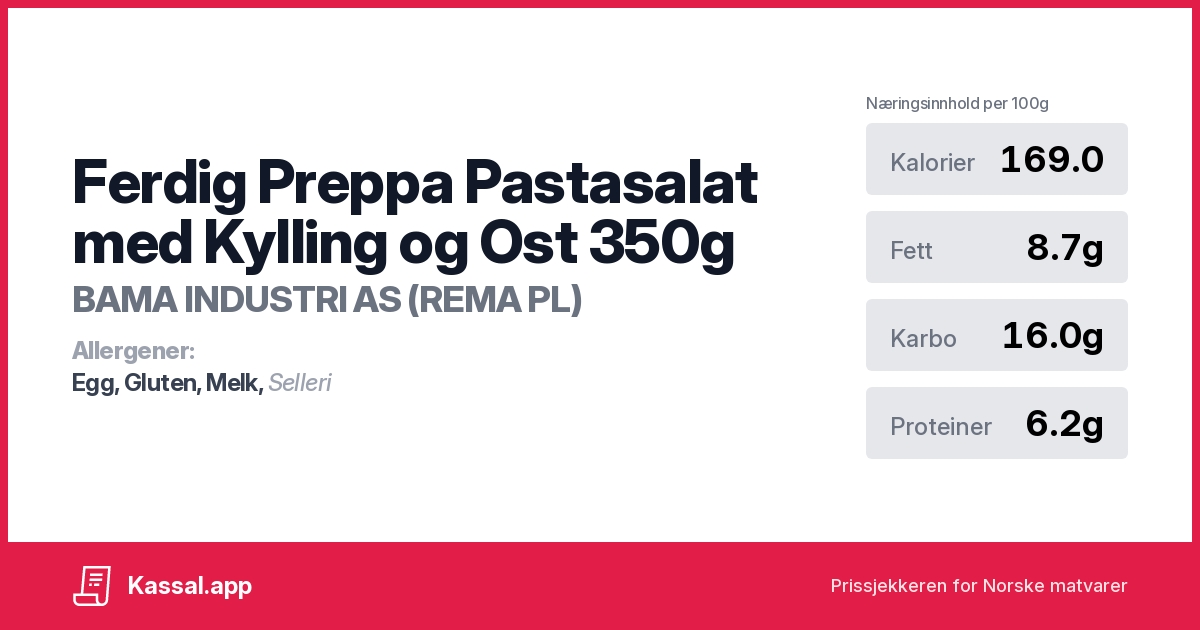 Ferdig Preppa Pastasalat med Kylling og Ost 350g - Kassalapp®