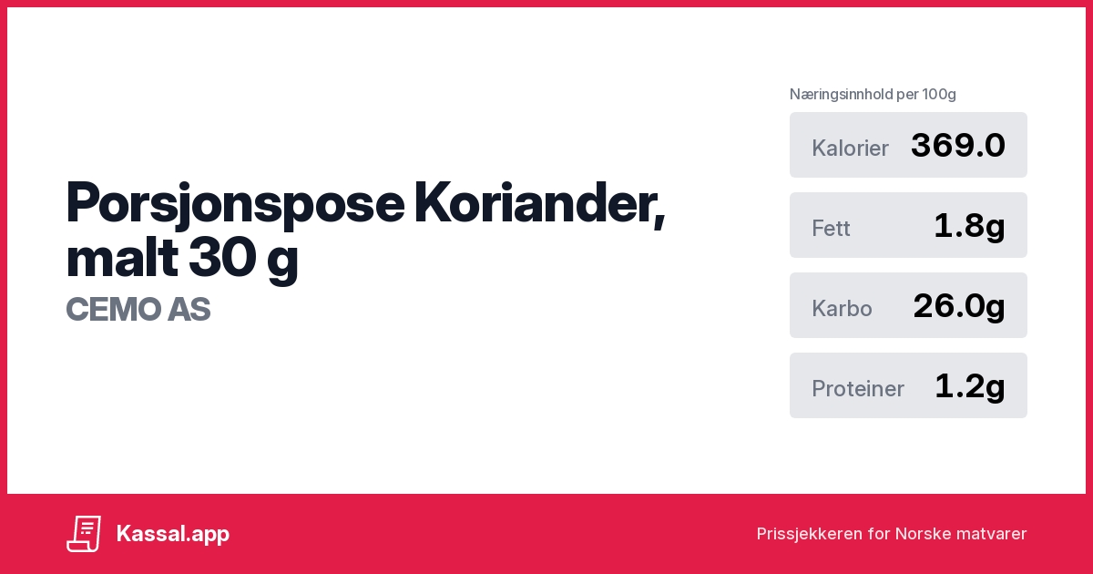 Porsjonspose Koriander, malt 30 g - Kassalapp®