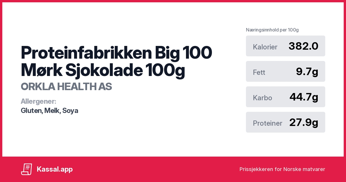 Proteinfabrikken Big 100 Mørk Sjokolade 100g - Kassalapp®