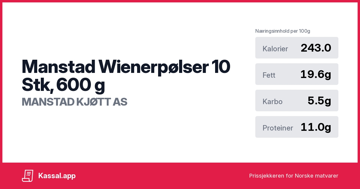 Manstad Wienerpølser 10 Stk, 600 g - Kassalapp®