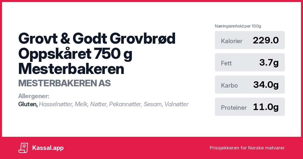 Grovt & Godt Grovbrød Oppskåret 750 g Mesterbakeren - Kassalapp®